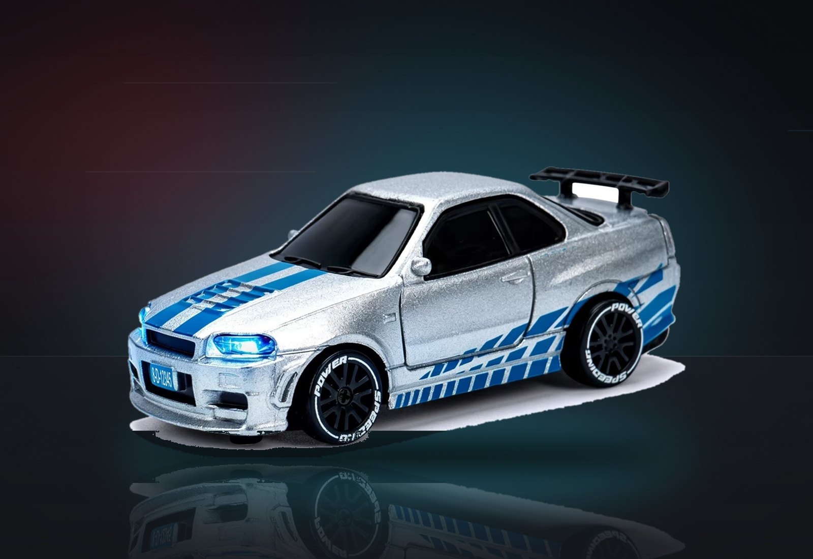 Coche Mini Drift Pro 4x4 plateado con franjas azules