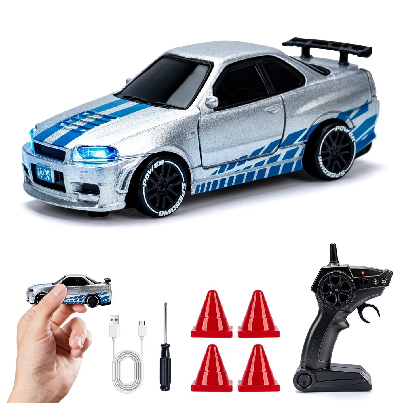 Coche Mini Drift Pro 4x4 Plata Street con su control, cable USB-C, conitos y desarmador