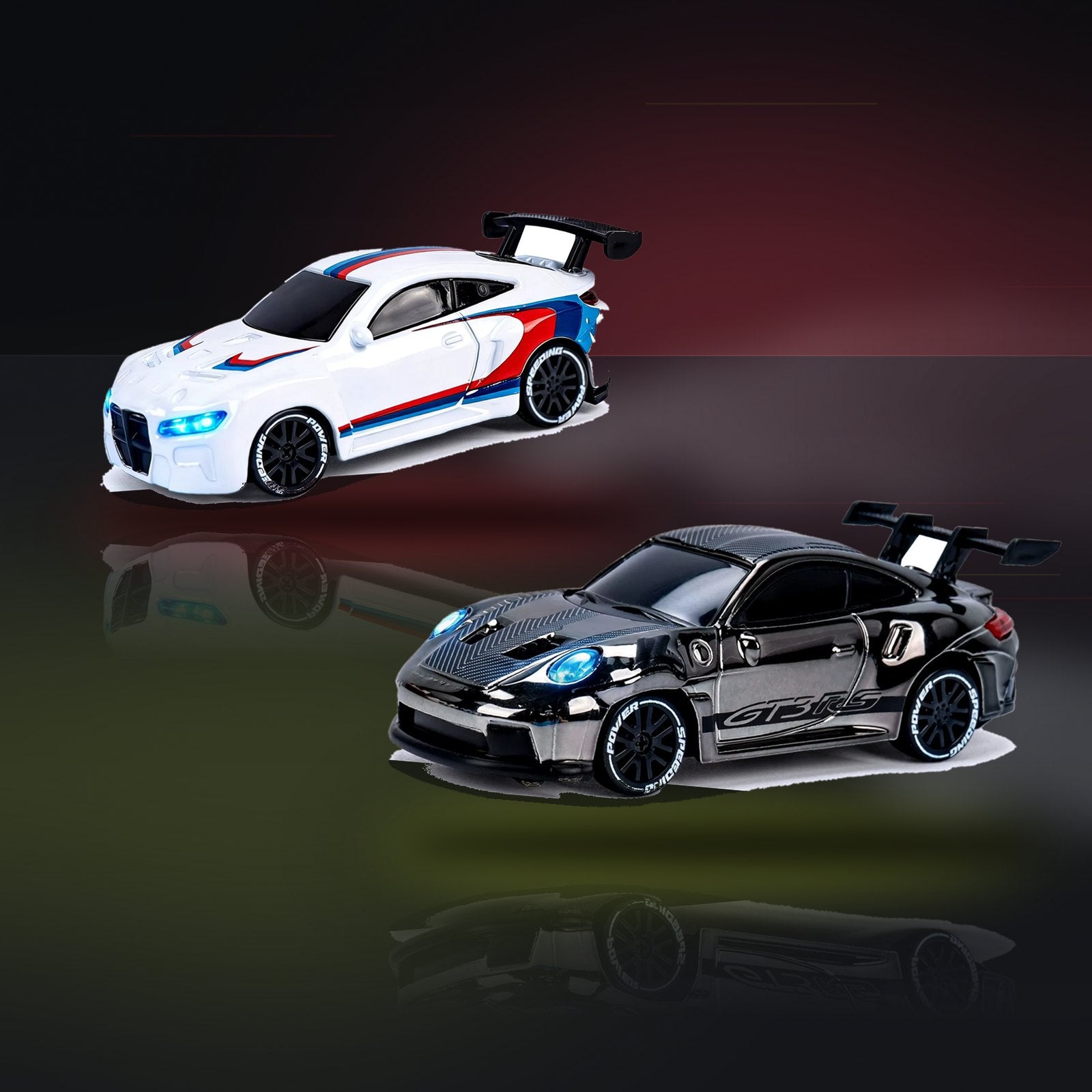 Dos coches Mini Drift Pro 4x4, uno blanco y uno negro