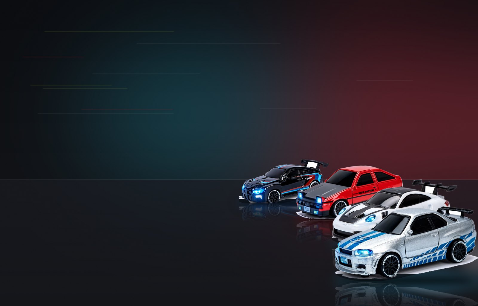 Coches Mini Drift Pro 4x4 de varios colores con los faros encendidos